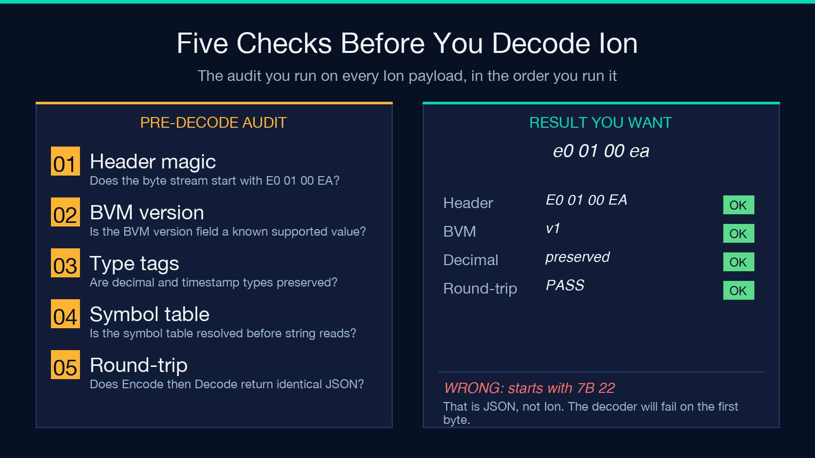 Five pre-decode audit checks for Ion payloads