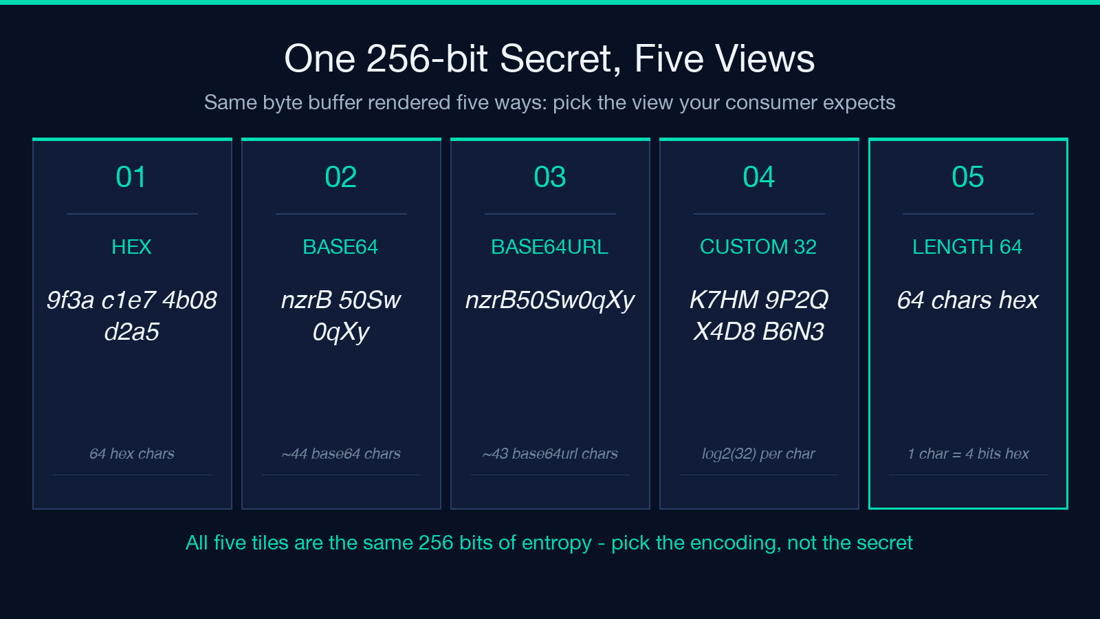 Five-tile card: same secret shown in hex, base64, base64url, custom alphabet, and length-vs-entropy contrast