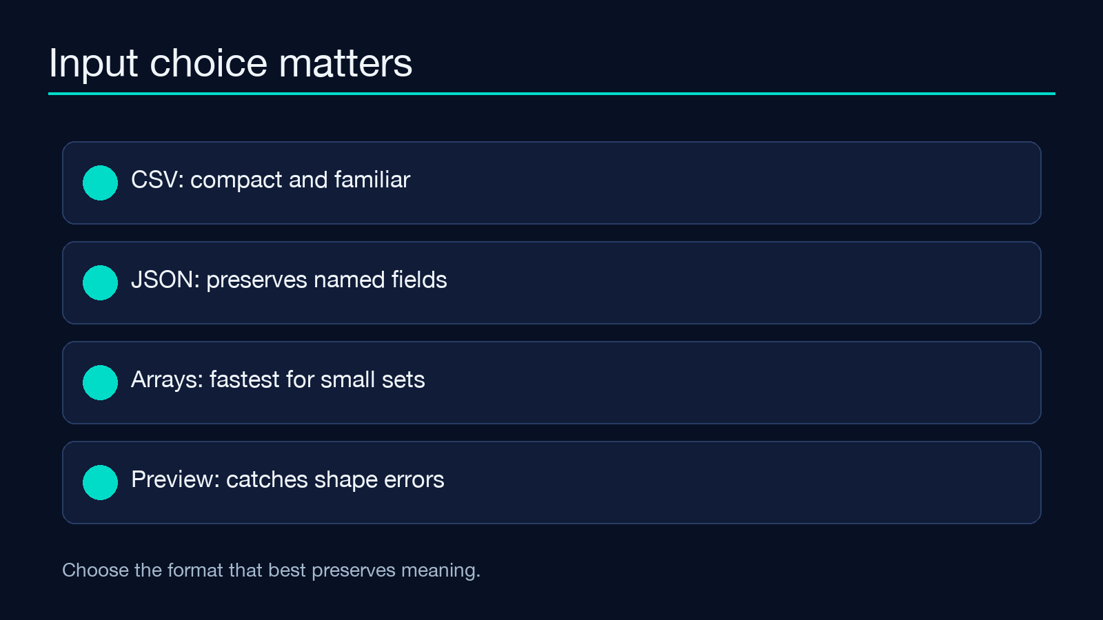 Choosing CSV, JSON, or arrays for table generation