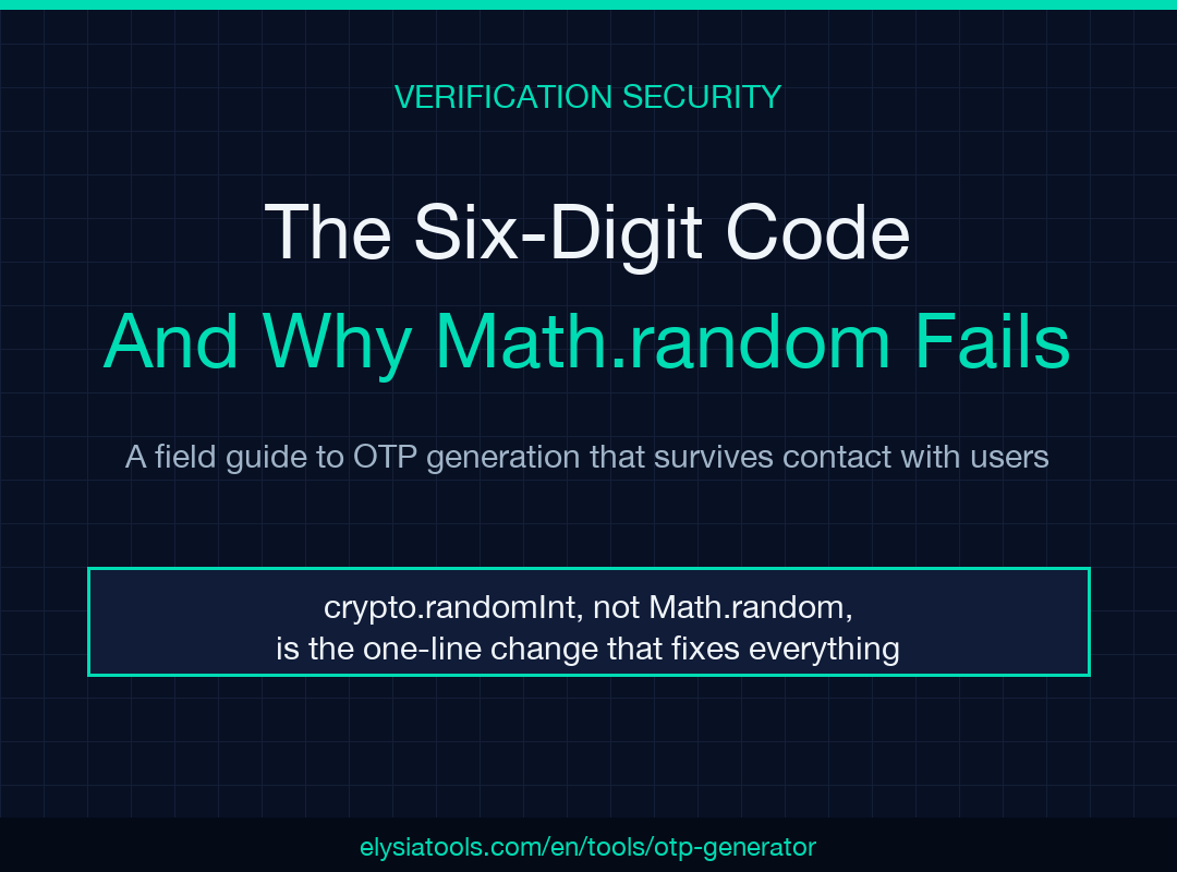 OTP Generator field guide poster: six-digit code, Math.random failure
