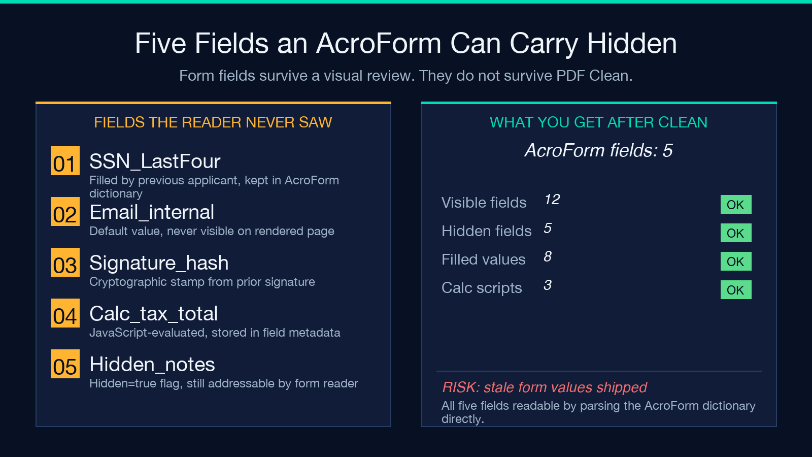 Five fields an AcroForm can carry without showing them on the page