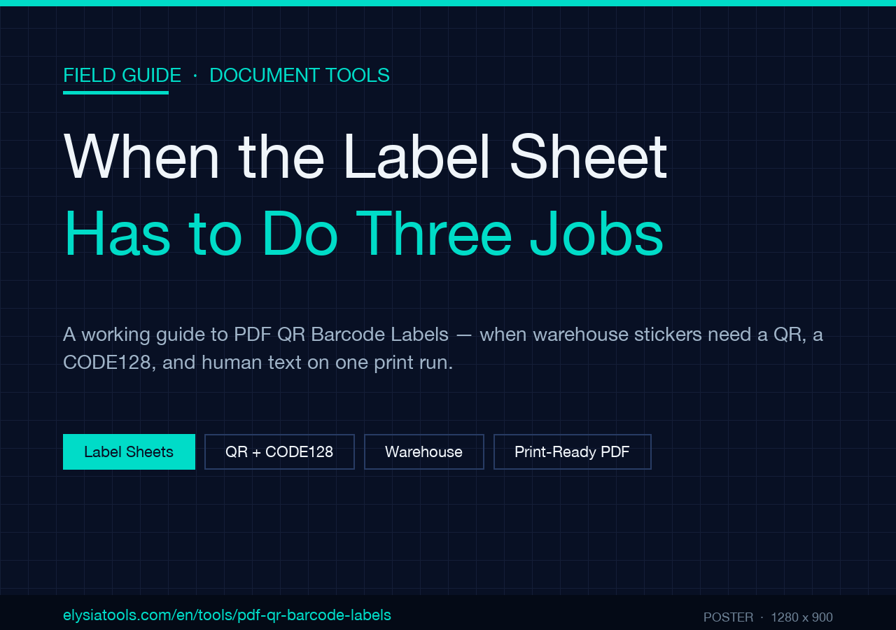 Field guide to PDF QR Barcode Labels on Elysia Tools — when label sheets need QR codes, CODE128 barcodes, and human-readable text in one print run.
