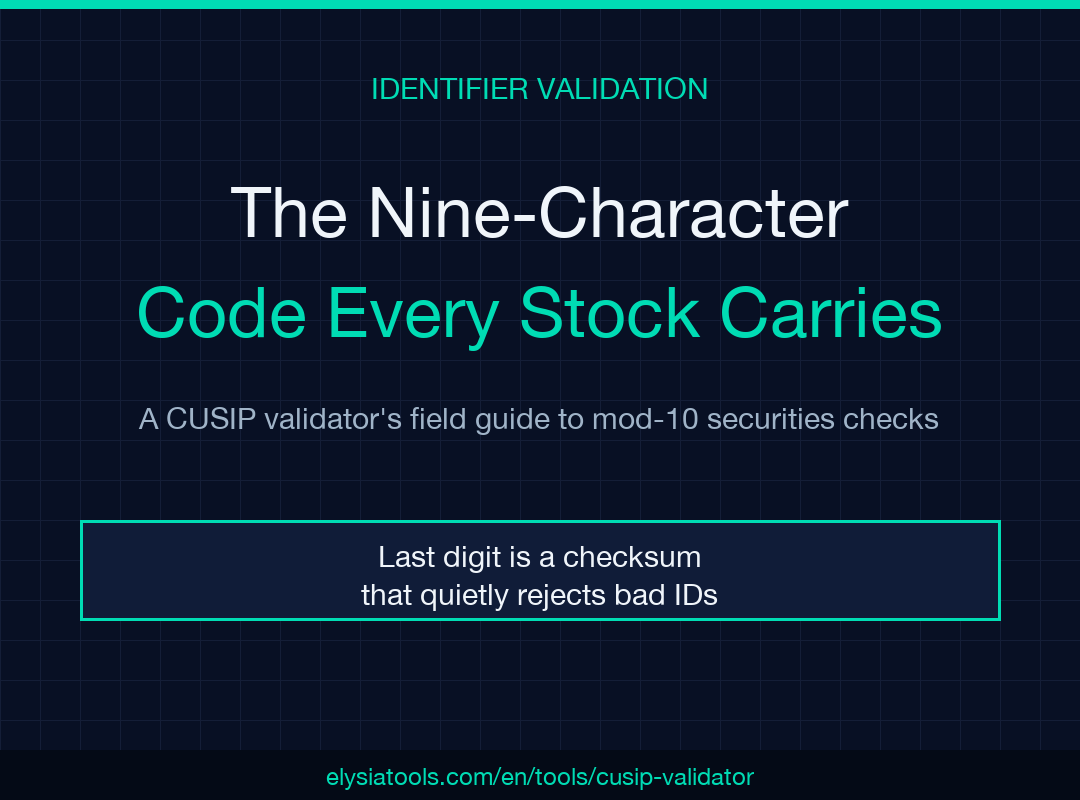 CUSIP Validator field guide poster: The Nine-Character Code Every Stock Carries