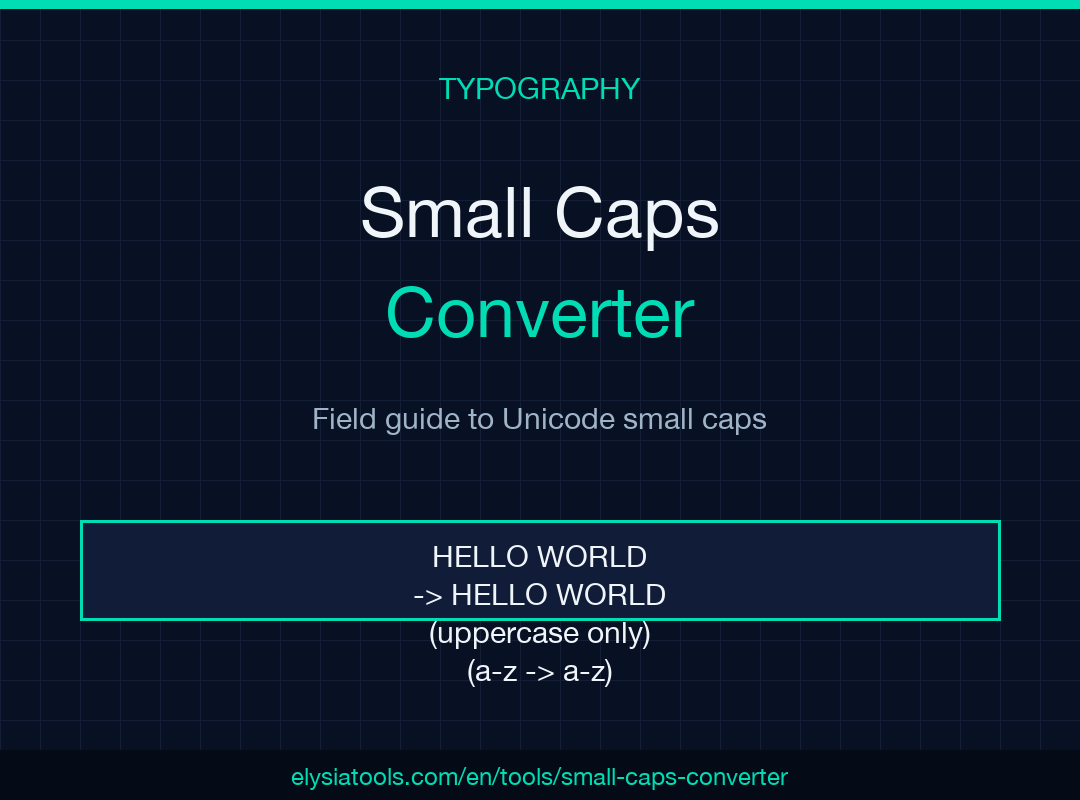 Small Caps Converter field guide poster showing Typography eyebrow and HELLO WORLD sample