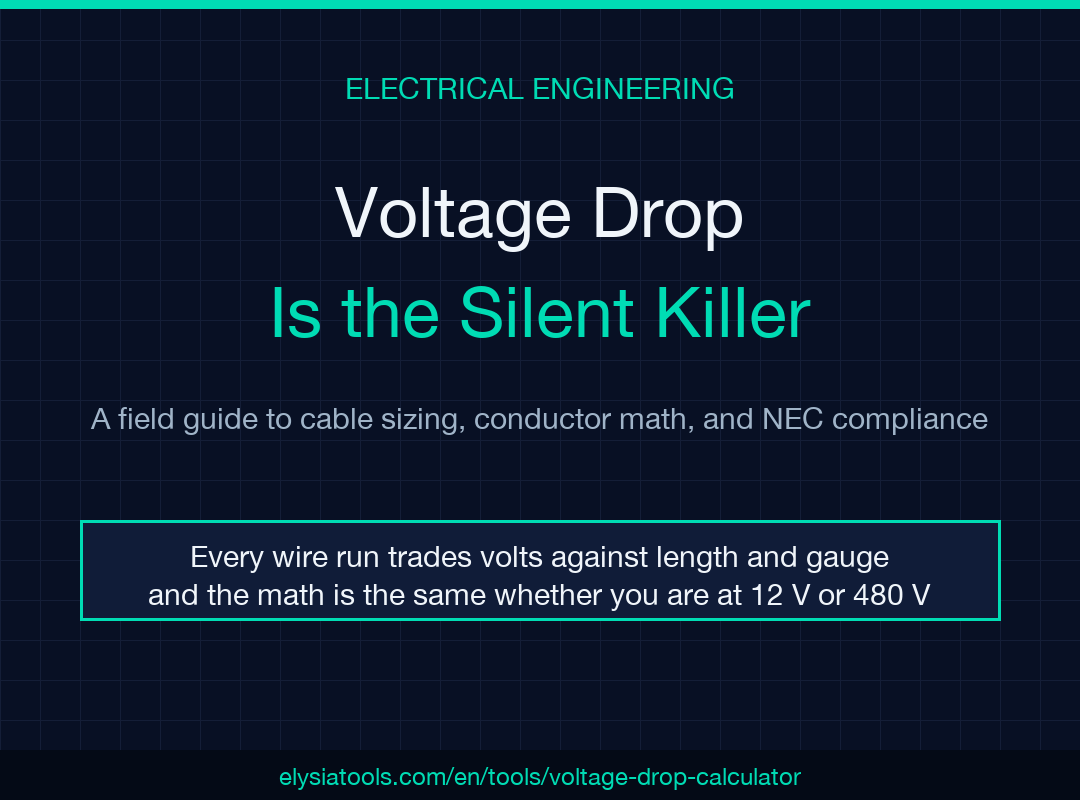 Cable Voltage Drop Calculator field guide cover: voltage drop formula, conductor sizing and NEC compliance