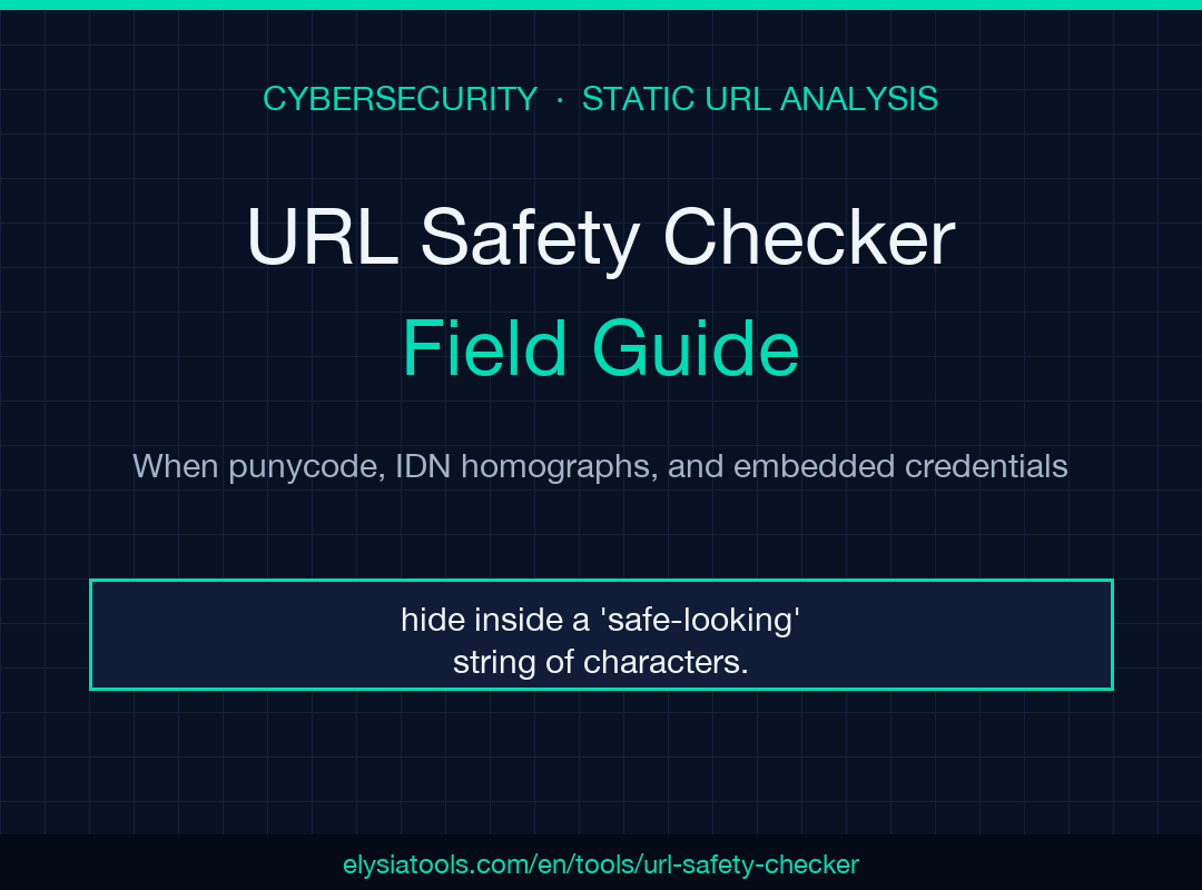 URL Safety Checker field guide cover showing six signal categories and JSON output shape