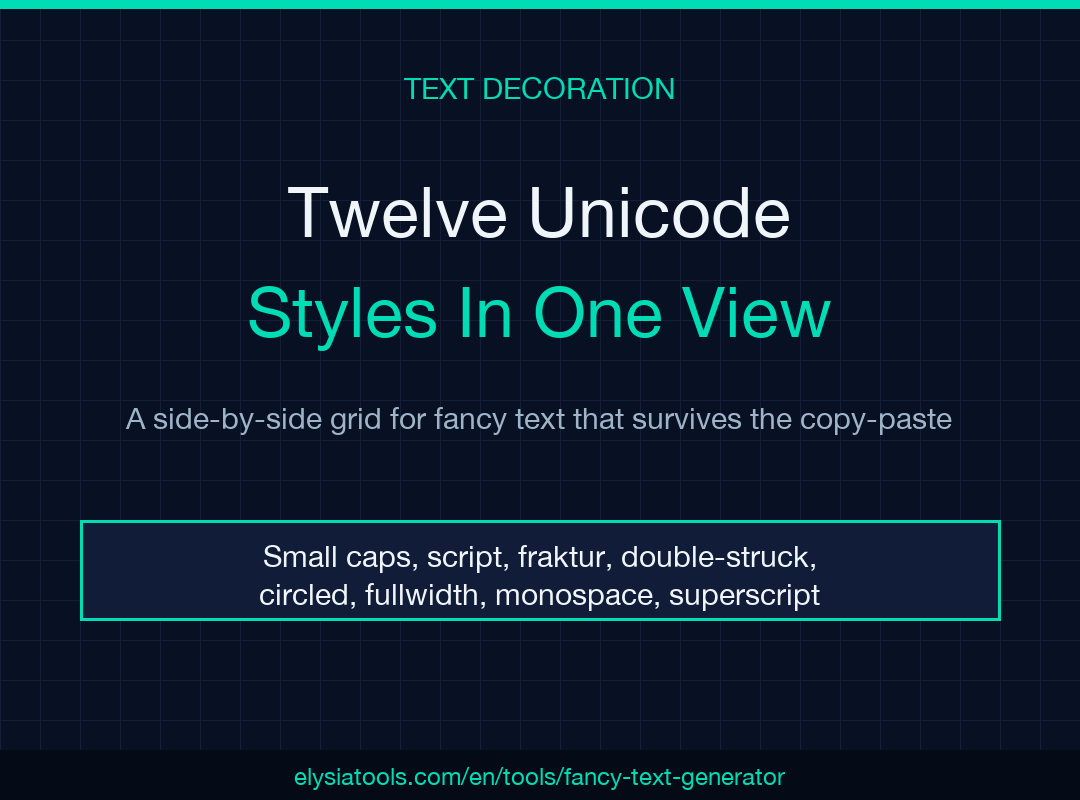 Fancy Text Generator field guide -- twelve Unicode styles side-by-side
