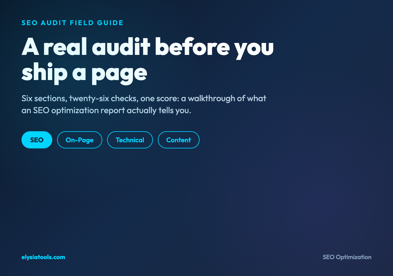 SEO audit field guide cover poster: 'A real audit before you ship a page' with six sections overview