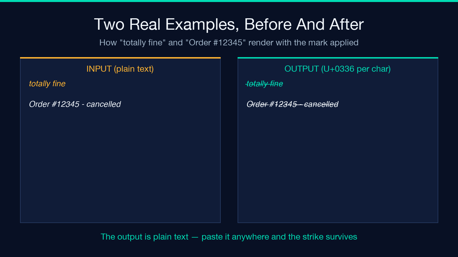 Two real strikethrough examples: input and output