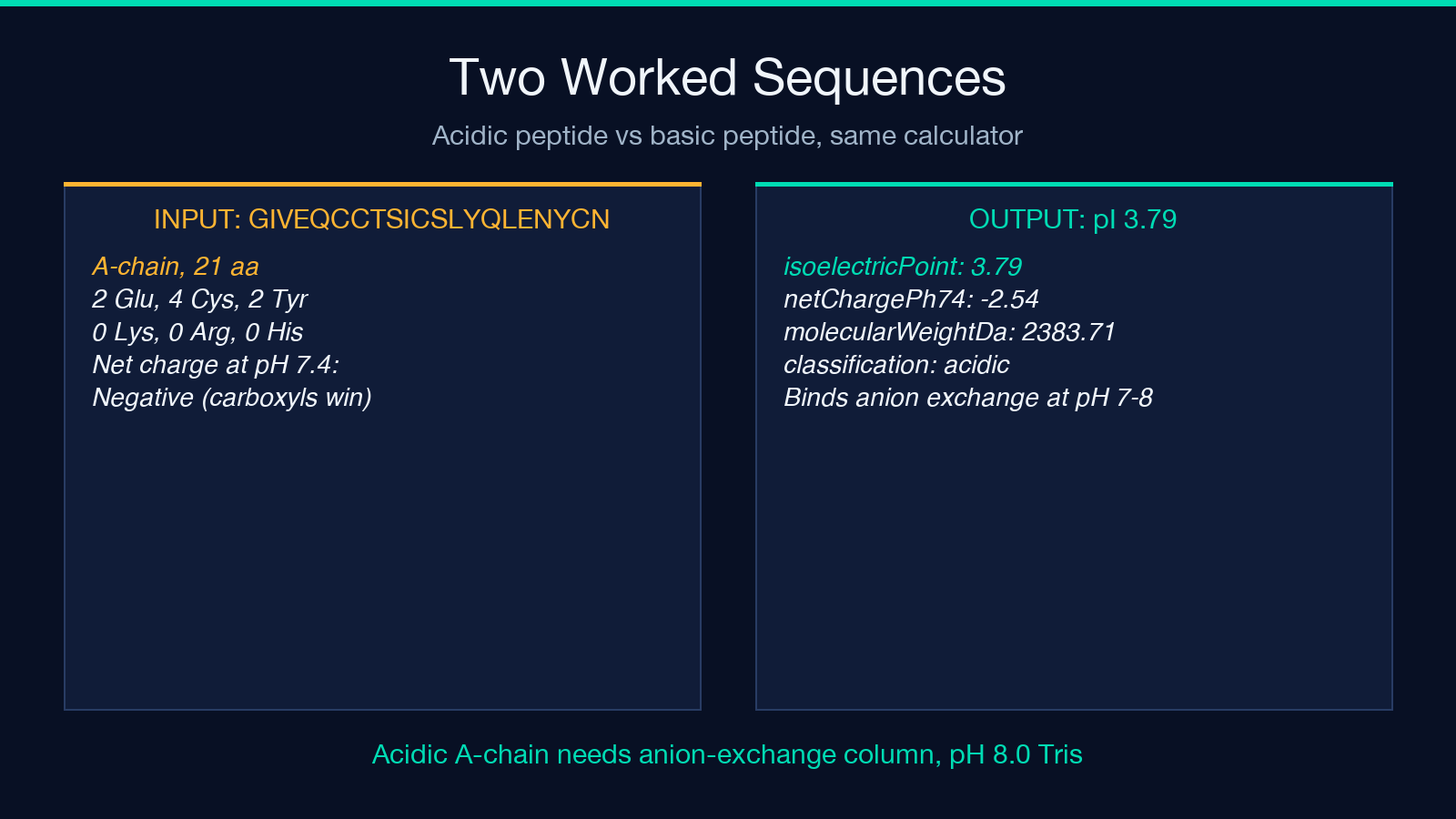 Two worked sequences: acidic vs basic peptide