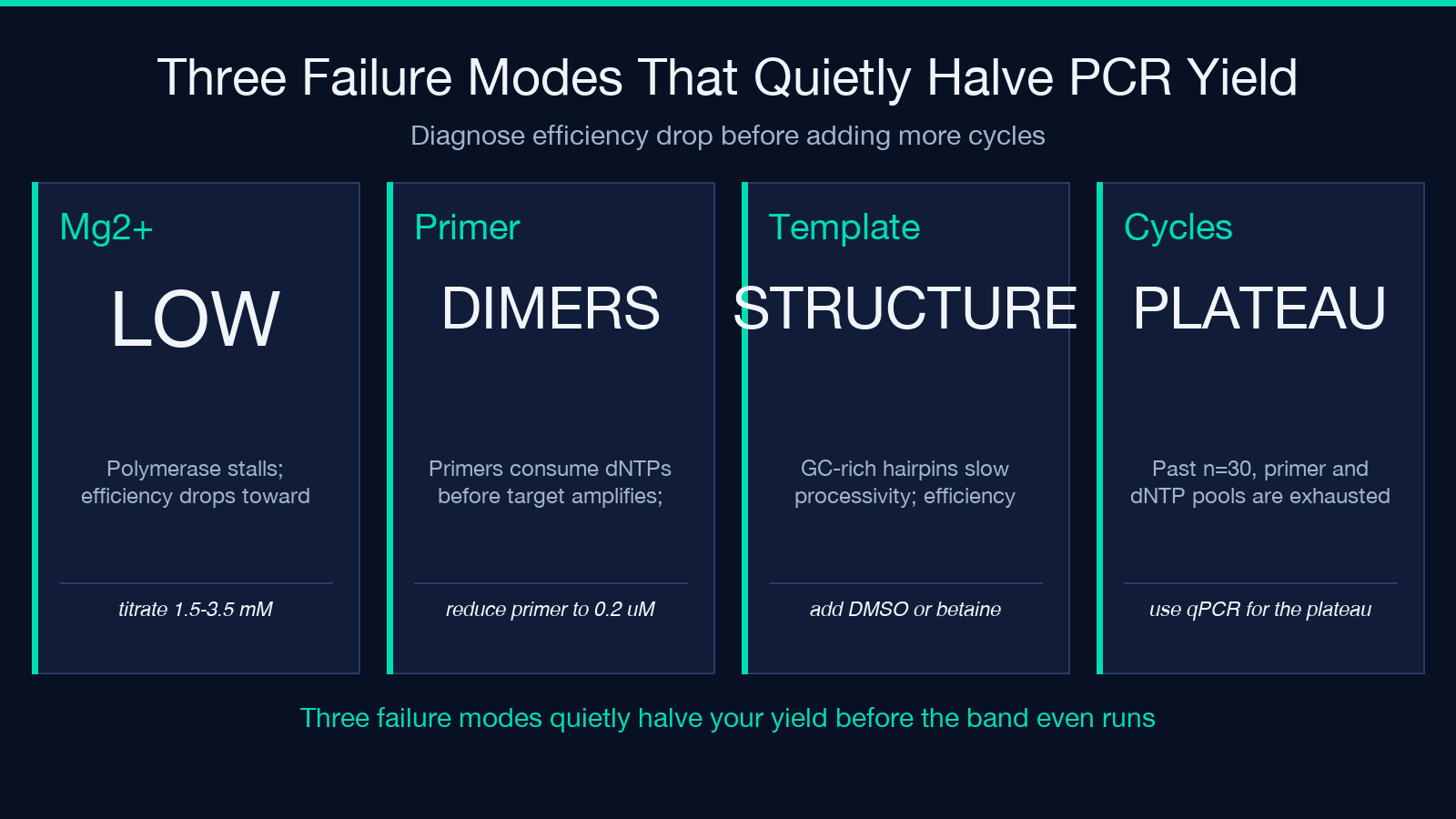 Three PCR failure modes — magnesium titration, primer dimers, template secondary structure