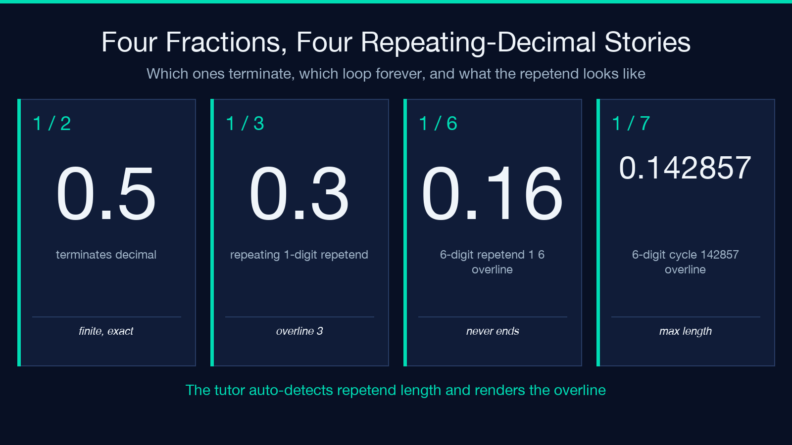 Four fractions and their repeating-decimal stories: 1/2 terminates, 1/3 has a 1-digit repetend, 1/6 has a 6-digit repetend, 1/7 has the maximum 6-digit cycle