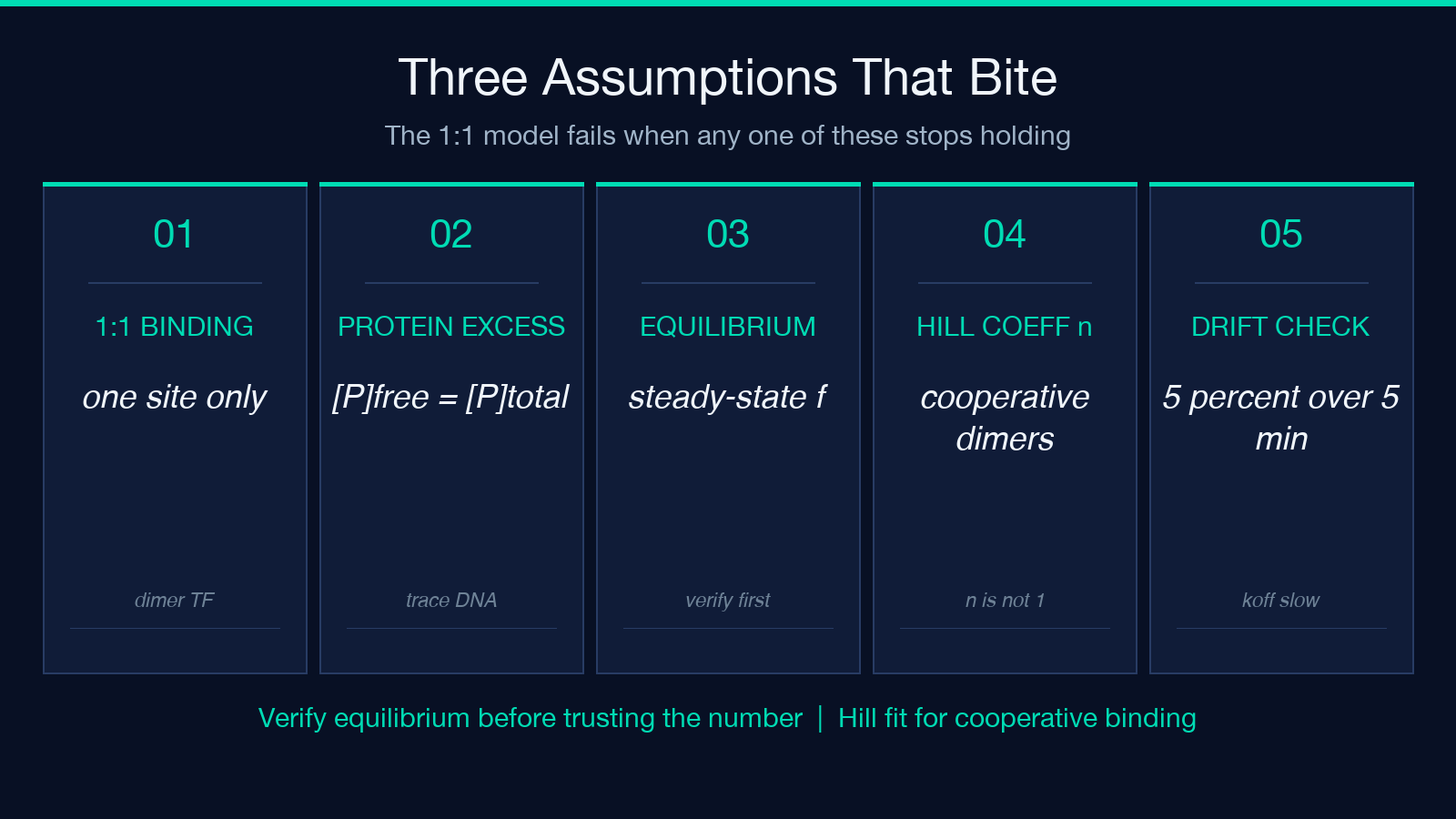Three assumptions that bite the 1:1 binding model
