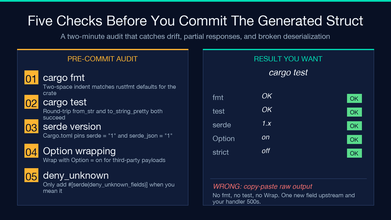 Five pre-commit audit checks for a generated Rust struct