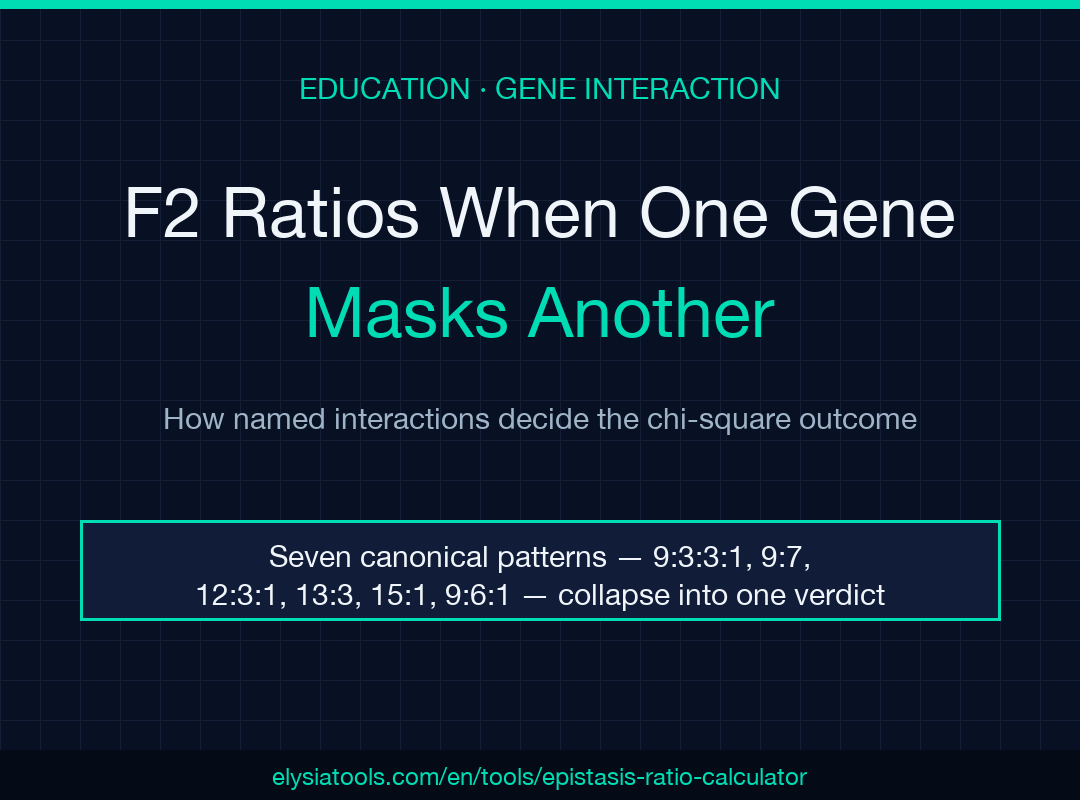Epistasis Ratio Calculator poster: seven canonical F2 ratios, one chi-square verdict.
