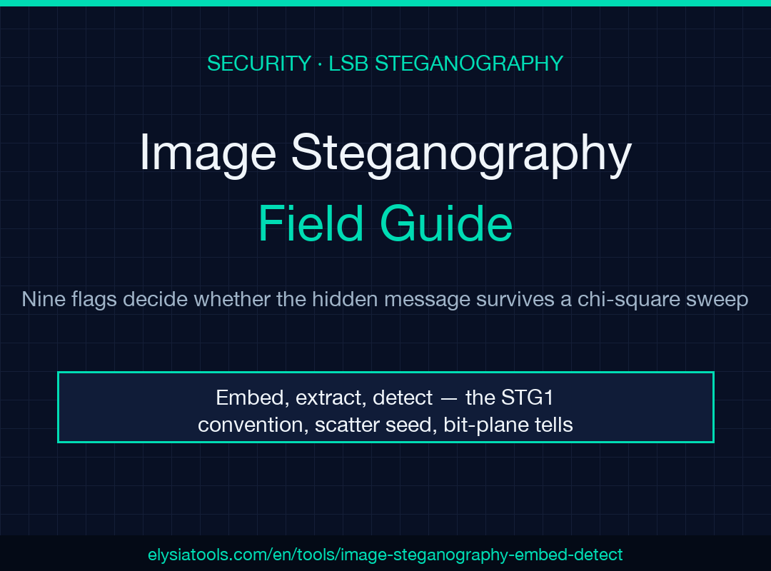 Image Steganography Embed & Detect field guide cover — nine flags that decide whether the hidden message survives a chi-square sweep