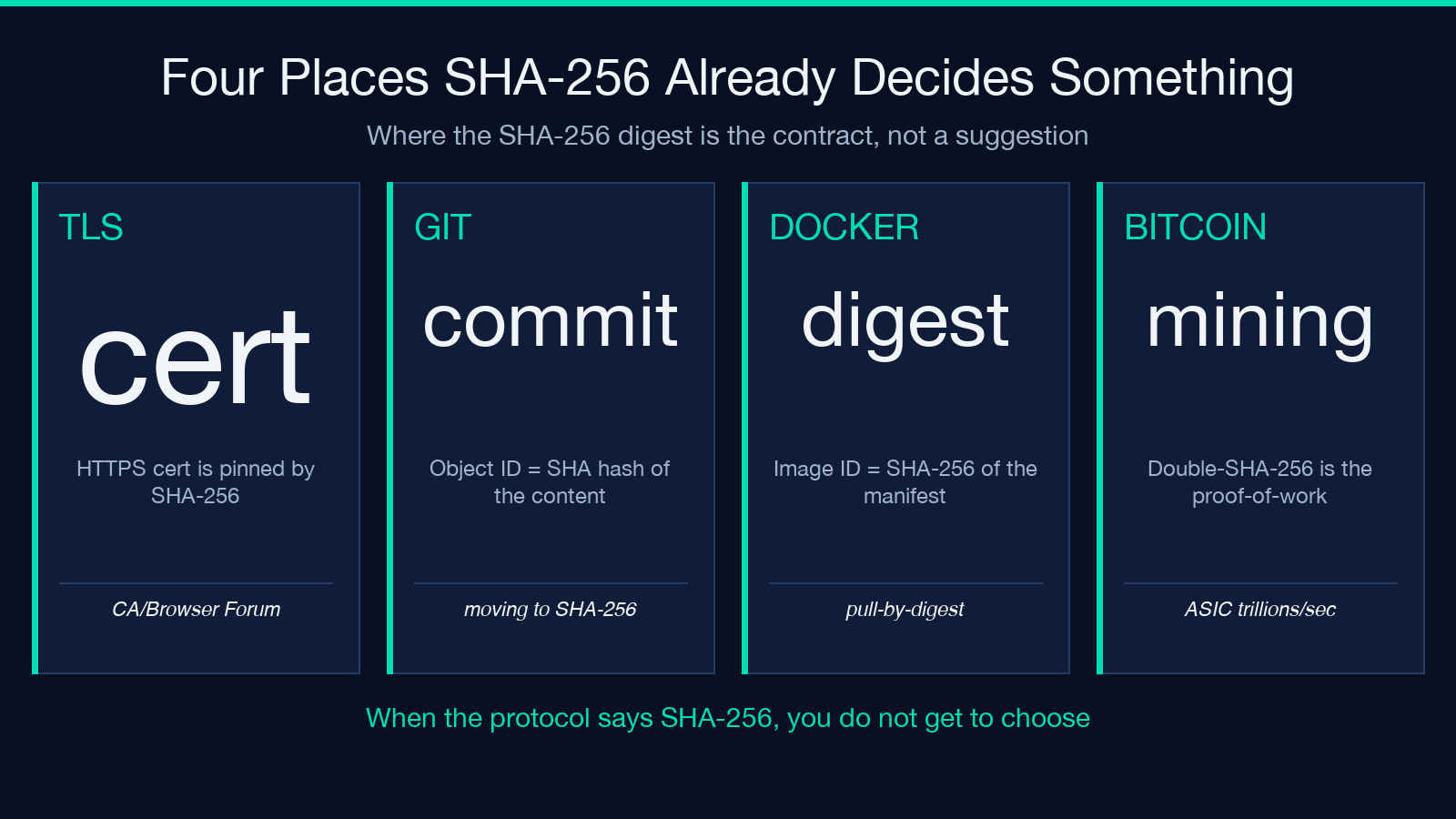 Four places SHA-256 already decides something: TLS, git, Docker, Bitcoin