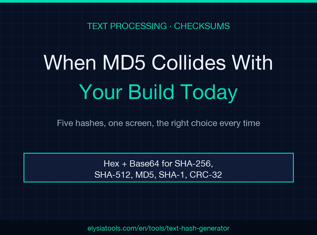 Text Hash Generator field guide cover: when MD5 collides with your build today