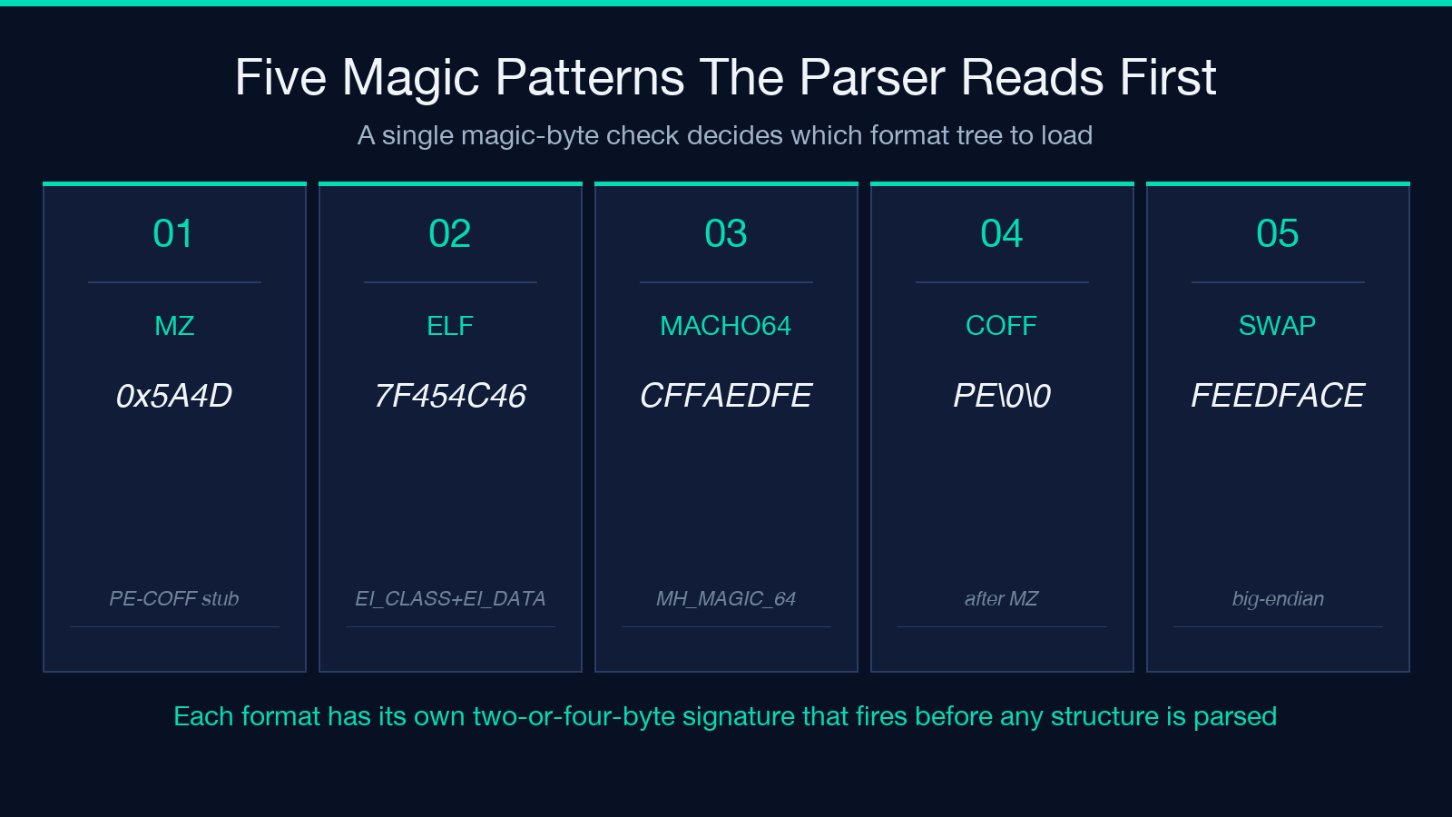 Five magic patterns the binary inspector reads first