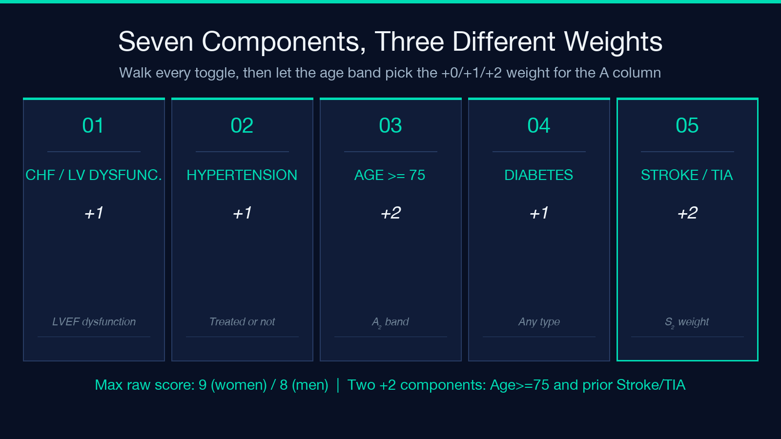 Seven CHA₂DS₂-VASc components and their three weights (+0/+1/+2)