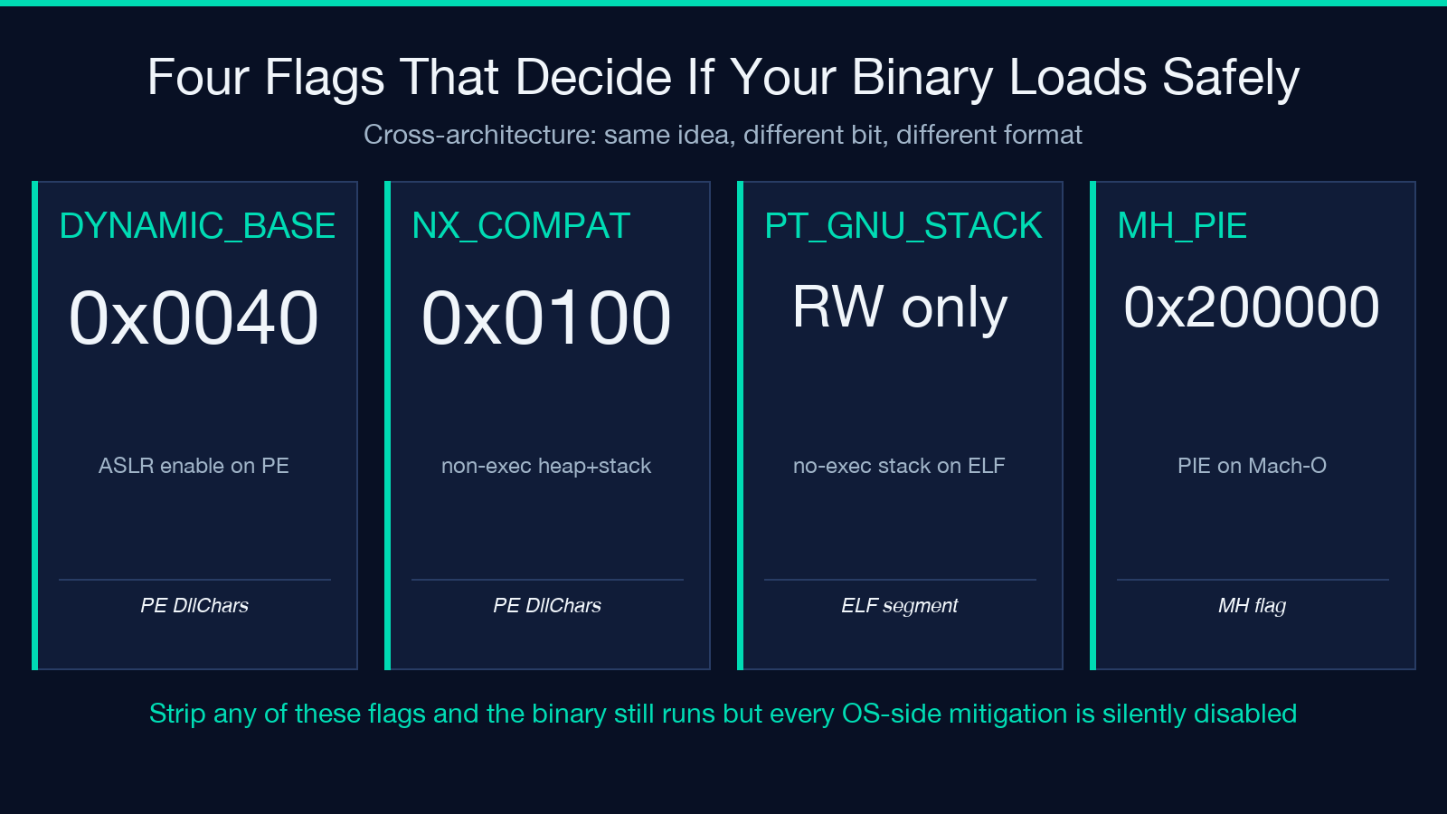 Four security flags across PE, ELF, and Mach-O formats