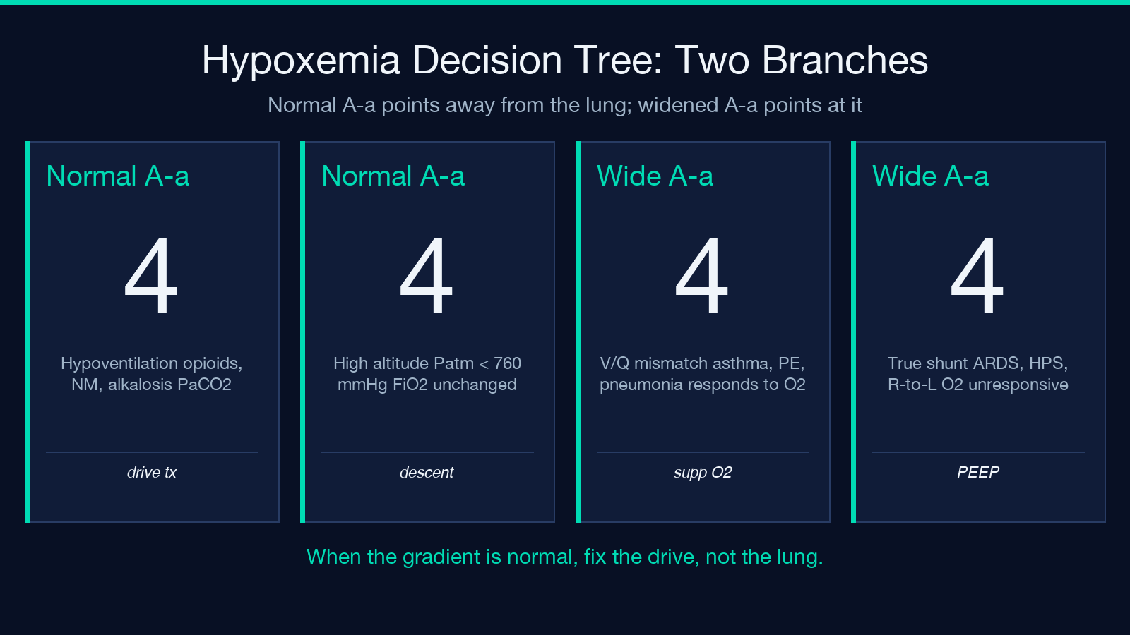 Hypoxemia decision tree with two normal and two wide A-a branches