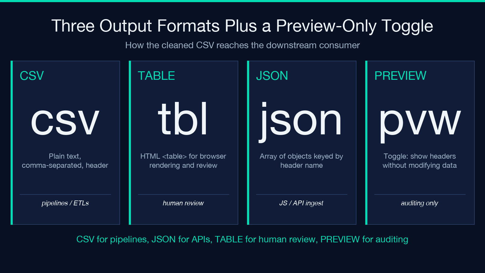 Three output formats plus preview-only toggle