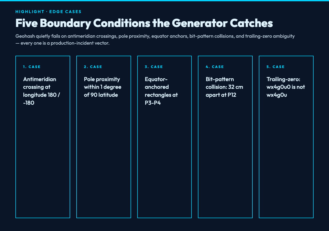 Five geohash edge cases cheatsheet