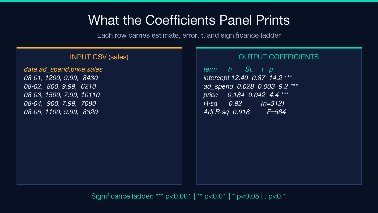 Input CSV and output coefficients table for a sales regression example