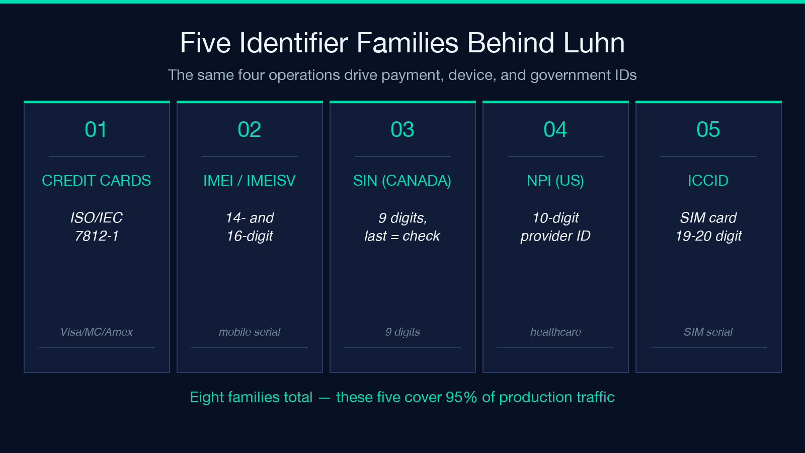 Five identifier families behind Luhn: credit cards, IMEI/IMEISV, SIN, NPI, ICCID