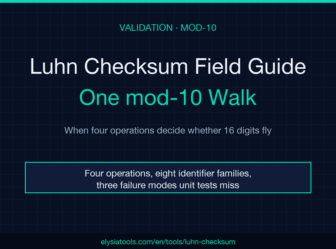 Luhn Checksum Calculator field guide — one mod-10 walk, eight identifier families, three failure modes