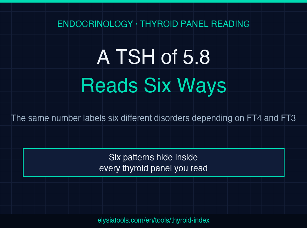 Thyroid Index field guide poster: A TSH of 5.8 reads six ways depending on FT4 and FT3
