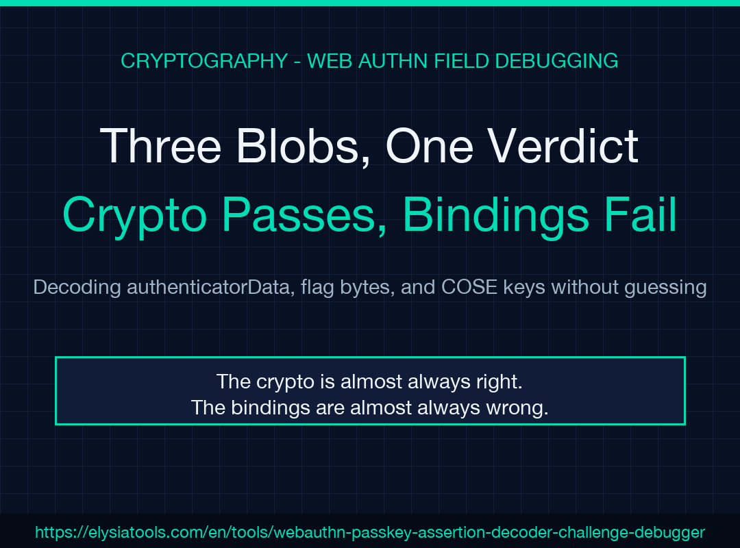 Cover image: three encoded blobs of a WebAuthn passkey assertion and the four binding checks that decide whether it is accepted