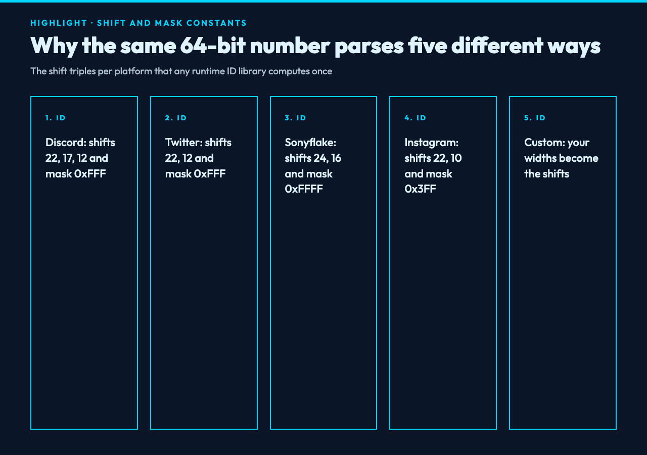 Shift and mask constants card showing decode triples per platform.